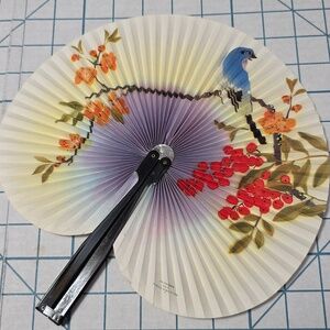 Chinese Paper Folding Hand Fan W/Metal Handle, Vintage Mid-Century, 42